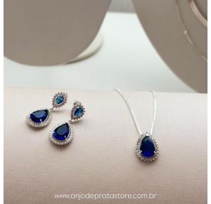 Conjunto de Prata Gota Azul Princesa Cravejado com Micro Zircônias